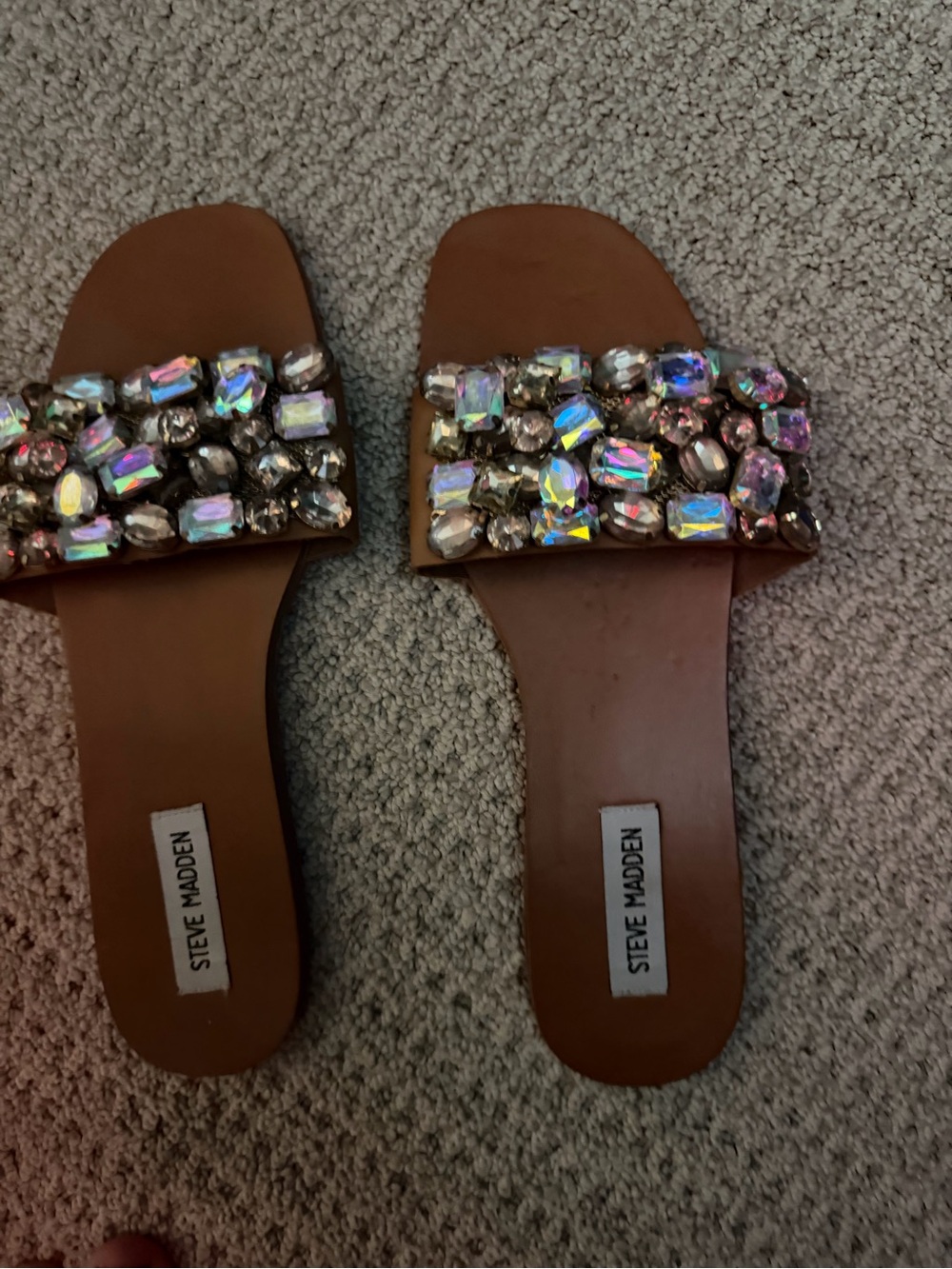 Steve Madden Tan Slide Sandals with Iridescent Jeweled Strap